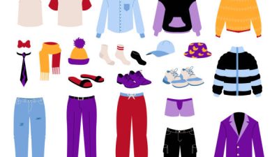 Mens clothing. Cartoon business and casual garments. Colorful pants and shirts. Isolated pullover or jackets. Male shoes. Socks and hats. Everyday clothes of adult man. Vector seasonal outfit set